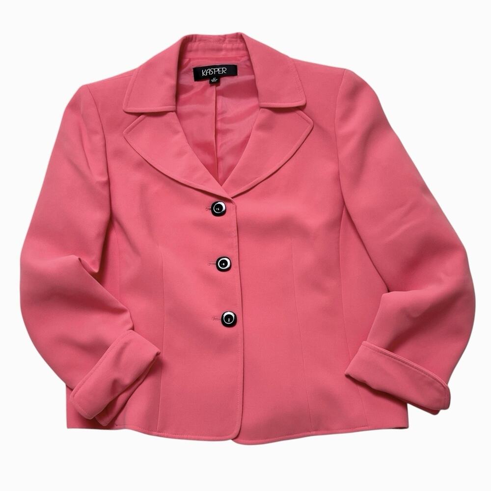 Kasper Skirt Suit Set Size 12 Pink Jacket Blazer Black Skirt Ruffle Hem Classic - Picture 5 of 15